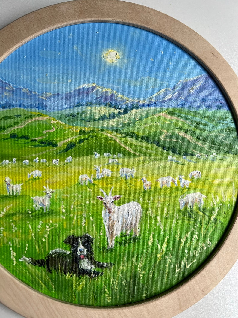 Ukrainian Landscape painting on canvas original Impressionist painting Goats Painting Speep painting Farm animal framed painting farmhouse image 7