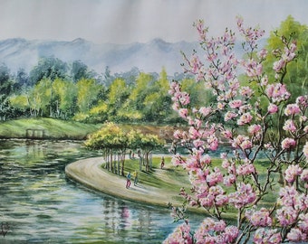 水彩画　桜の木 写真から水彩画を依頼する 桜の絵 ピンク 花の絵 木の絵 風景画