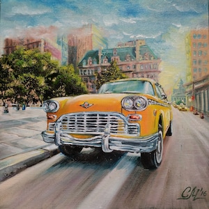 NYC Taxi Painting: Original Oil Painting, Urban Car Art, 9.8&quot;