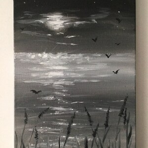 Landscape painting pond oil painting on canvas art original artwork black and white painting lake landscape art Night sky painting Moon art