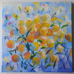 Pintura floral abstracta sobre lienzo Pintura de flores Pintura acrílica original Arte inspirado en la naturaleza Pintura azul original Decoración de la pared de la cocina