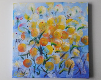 Pintura floral abstracta sobre lienzo Pintura de flores Pintura acrílica original Arte inspirado en la naturaleza Pintura azul original Decoración de la pared de la cocina