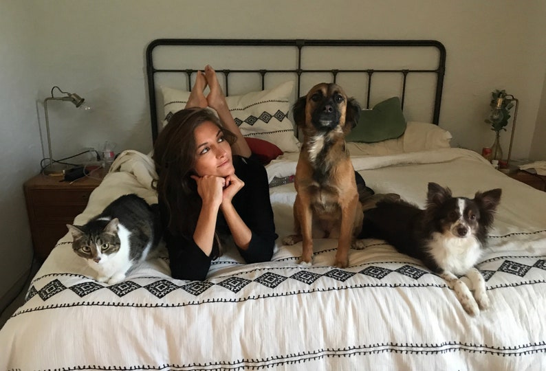 May include: A woman lies on a bed with a cat and two dogs. The woman is wearing a black shirt and has long brown hair. The cat is white and gray and is sitting on the bed. The dogs are both brown and white and are sitting on the bed. The bed has a white and black patterned comforter.