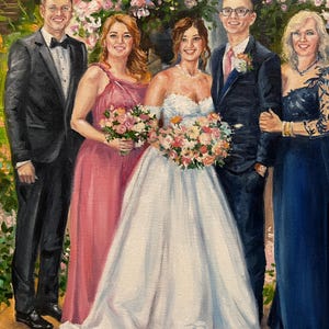 A detailed custom anniversary oil portrait of a large family at a wedding. The high-quality canvas highlights the intricate lace of the bridal dress, groom's tuxedo, evening gowns, and colorful flower bouquets.