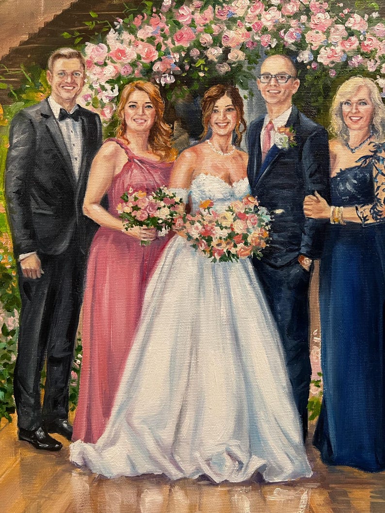 A detailed custom anniversary oil portrait of a large family at a wedding. The high-quality canvas highlights the intricate lace of the bridal dress, groom's tuxedo, evening gowns, and colorful flower bouquets.