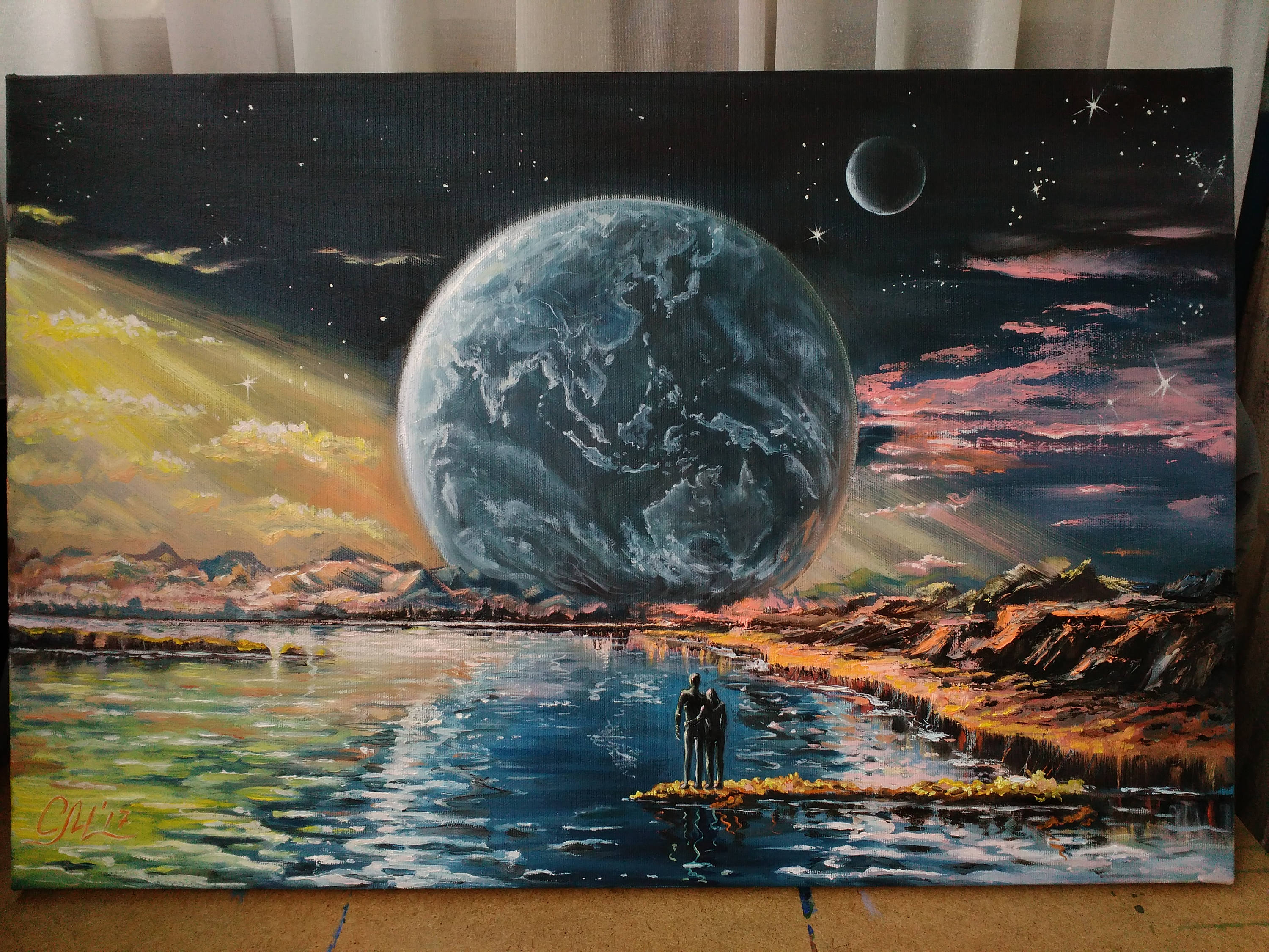 直径25㎝「天の川銀河（星空3)」油彩・絵画・原画・丸形