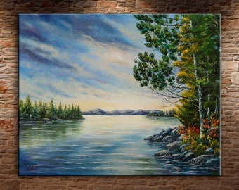 Original Landscape oil painting on canvas art painting Algonquin park Canada trees painting Lake painting pond art Clouds impressionist art