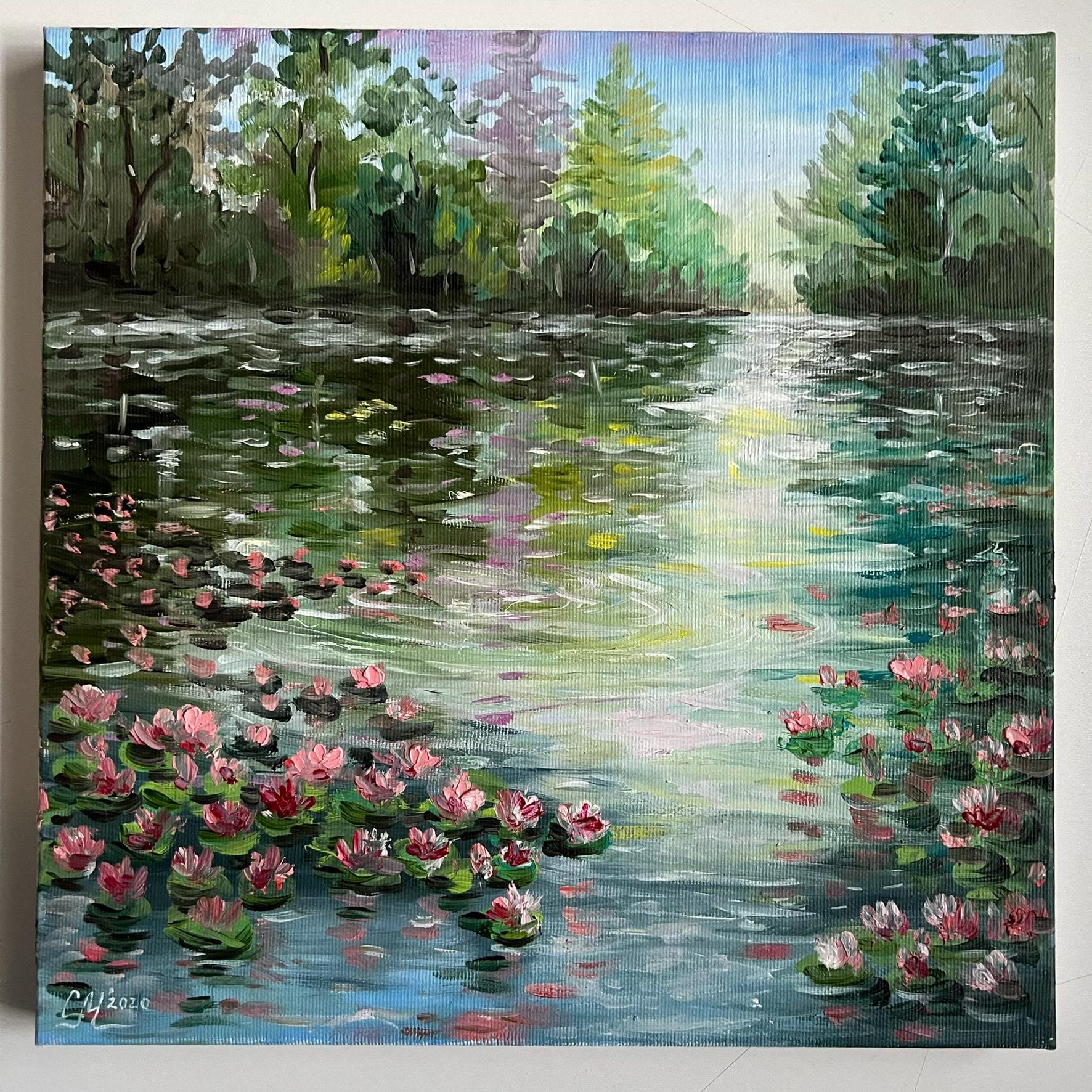 蓮の油絵 キャンバスアート 印象派の絵画 花の風景画 オリジナル絵画