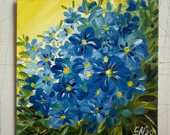 花の壁アート油絵植物アート絵画オリジナルワスレナグサの花小さな絵画