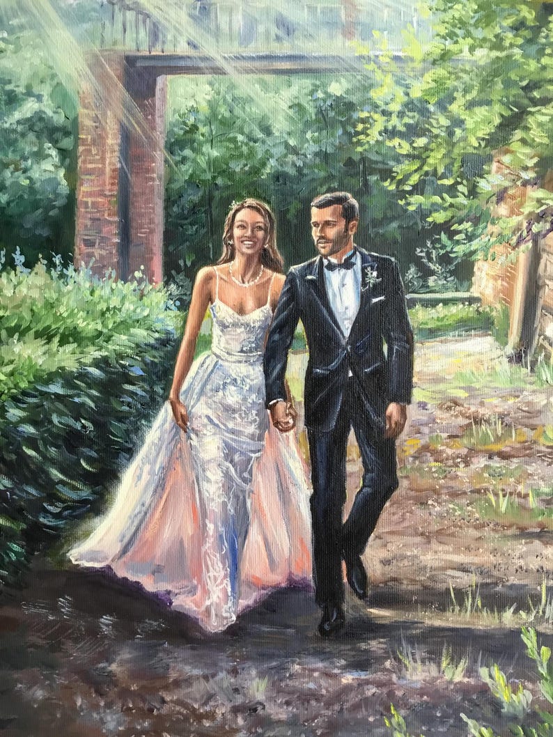 A completed commissioned wedding portrait oil painting on canvas of a happy bride and groom. The realistic fine art captures the white bridal dress, groom's suit, and flower bouquet with detailed impasto brush strokes.