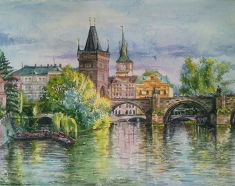 Commission watercolor painting Praque painting Original Watercolor art Praque City skyline watercolor Praque watercolor landscape painting