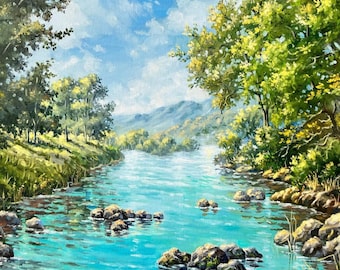 Landscape painting on canvas Impressionist art original oil painting landscape art green trees summer nature Lake farmhouse wall decor