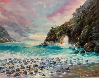 海辺の女性 油絵 ビーチで夢見る少女 アート風景画 キャンバス 彼女の