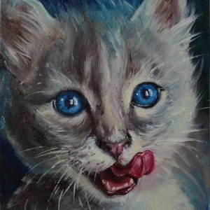 Regalo para amantes de los gatos para esposa Lindo retrato de mascota pintura al óleo Retrato de gato pintura Decoración de guardería Habitación de niña Pintura de animales Lienzo Pintura azul