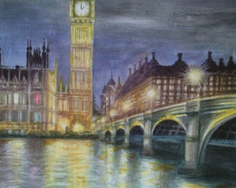 Original watercolor painting London city painting watercolor Westminster painting city skyline painting landscape painting street light art