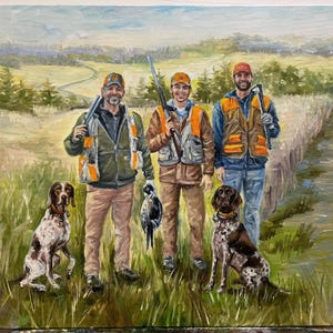 May include: Oil painting of three people in hunting attire, each holding a shotgun, standing in a field with two hunting dogs. The hunters wear orange vests and hats. One hunter holds a bird. The dogs are brown and white.