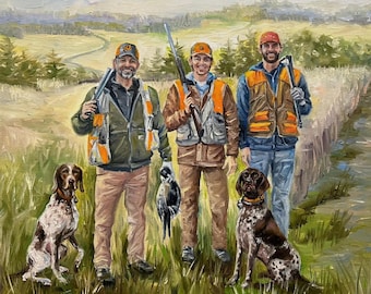Pintura al óleo personalizada, pintura de encargo de arte a partir de fotos combinadas, regalo de cazador de patos, retrato familiar de generación, pintura al óleo, regalo del día del padre