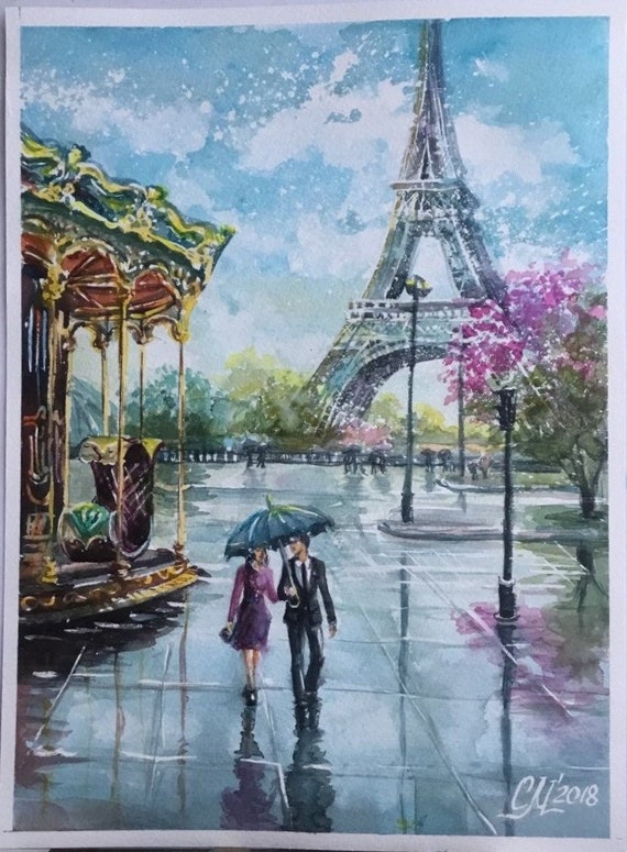 Watercolor Painting Rainy Street Paris Painting Of City Etsy