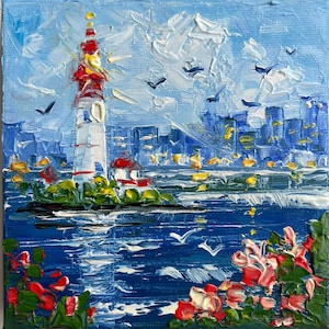 Impasto painting Ocean Lighthouse painting small ocean painting on canvas tiny nautical wall art oil painting Seagulls art Coastal wall art
