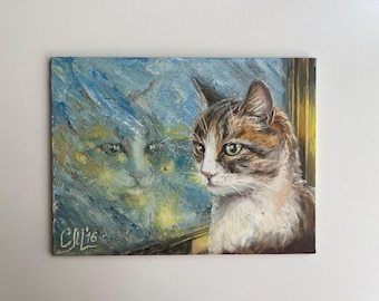 May include: A painting of a cat looking out a window. The cat is brown, white, and black. The window is blue and has a reflection of the cat in it. The painting is signed "CJL16".