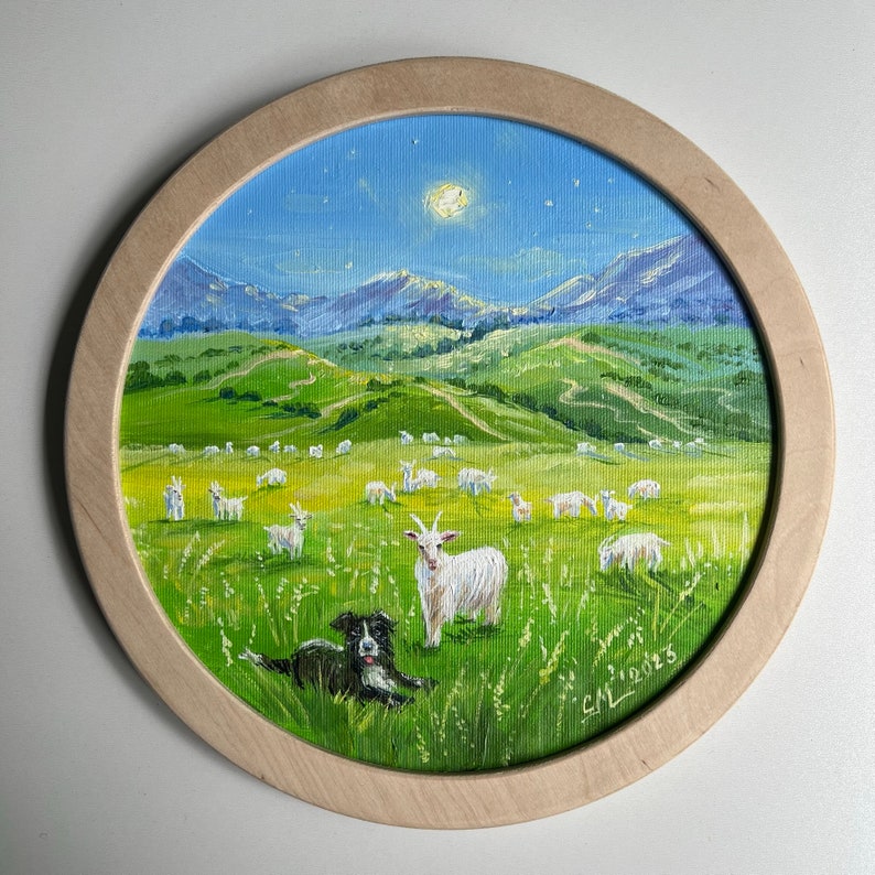 Ukrainian Landscape painting on canvas original Impressionist painting Goats Painting Speep painting Farm animal framed painting farmhouse image 1