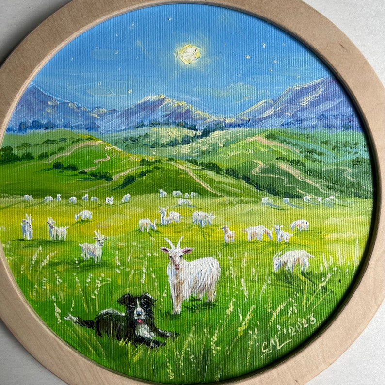 Ukrainian Landscape painting on canvas original Impressionist painting Goats Painting Speep painting Farm animal framed painting farmhouse image 8