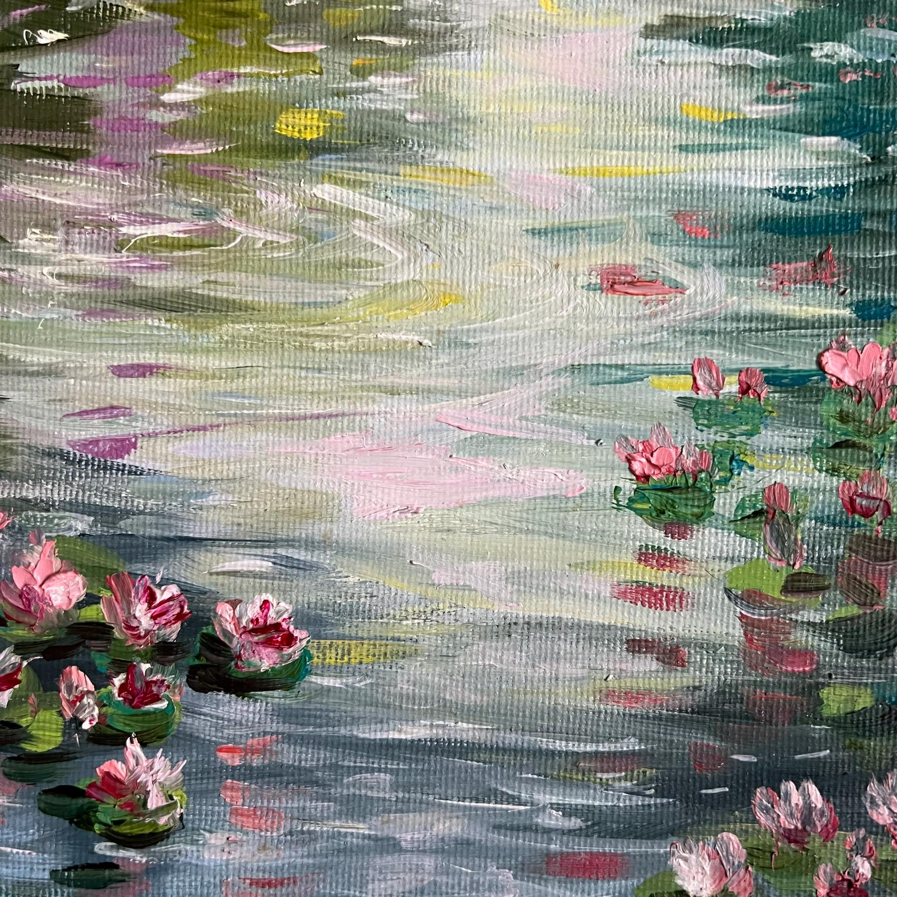 蓮の油絵 キャンバスアート 印象派の絵画 花の風景画 オリジナル絵画