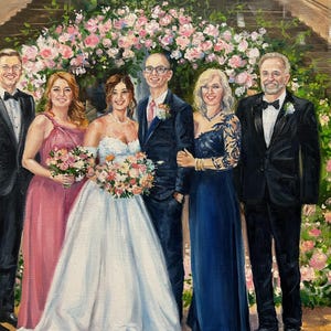 A modern stylized big family wedding oil artwork executed with bold palette knife techniques. Colorful paint layers form the artistic silhouettes of the relatives, making it a unique custom heirloom canvas.