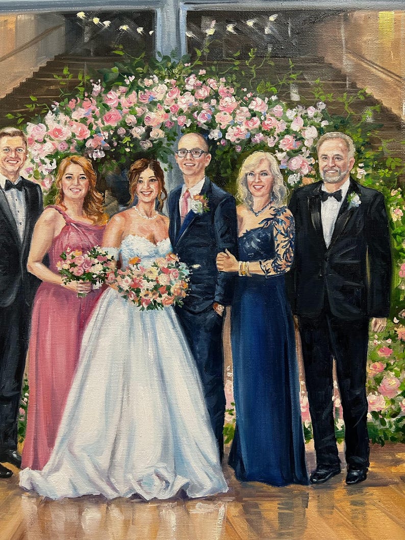 A modern stylized big family wedding oil artwork executed with bold palette knife techniques. Colorful paint layers form the artistic silhouettes of the relatives, making it a unique custom heirloom canvas.