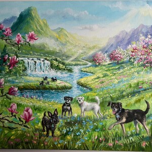 May include: A painting of a lush green valley with a river winding through it. There are five dogs in the painting, four black and one white, all standing in a field of wildflowers. The background features a waterfall and mountains.