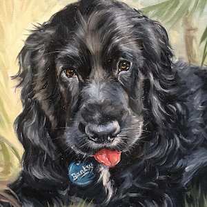 May include: A painting of a black dog with a blue tag that says "Banksy" on it. The dog is looking at the viewer with its tongue sticking out.