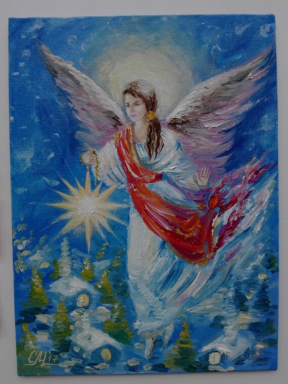 Christmas painting original mini painting Angel figure Small canvas painting Christmas Angel painting Christmas decor Winter Christmas gifts