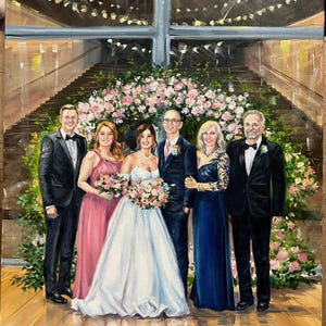 May include: An oil painting depicting a group of six people standing before a large floral arch. The central figure wears a white strapless gown, flanked by individuals in formal black suits, a pink gown, and a navy blue gown. Signed S.Matevosyan 2022.
