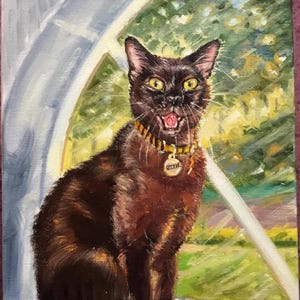 May include: A painting of a black cat with yellow eyes, wearing a collar with a tag that reads "Ozzie". The cat is sitting in front of a window, with a green and white background. The cat's mouth is open.