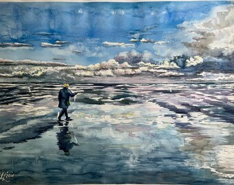 Aquarel kunst zee aquarel handgeschilderde aquarel landschap schilderij oceaan strand schilderij aquarel muur kunst aquarel hemel