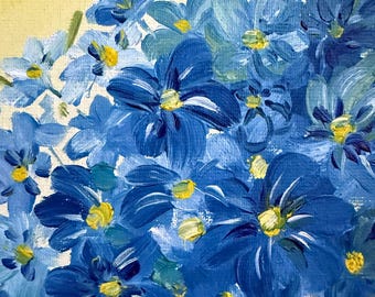 花の壁アート油絵植物アート絵画オリジナルワスレナグサの花小さな絵画