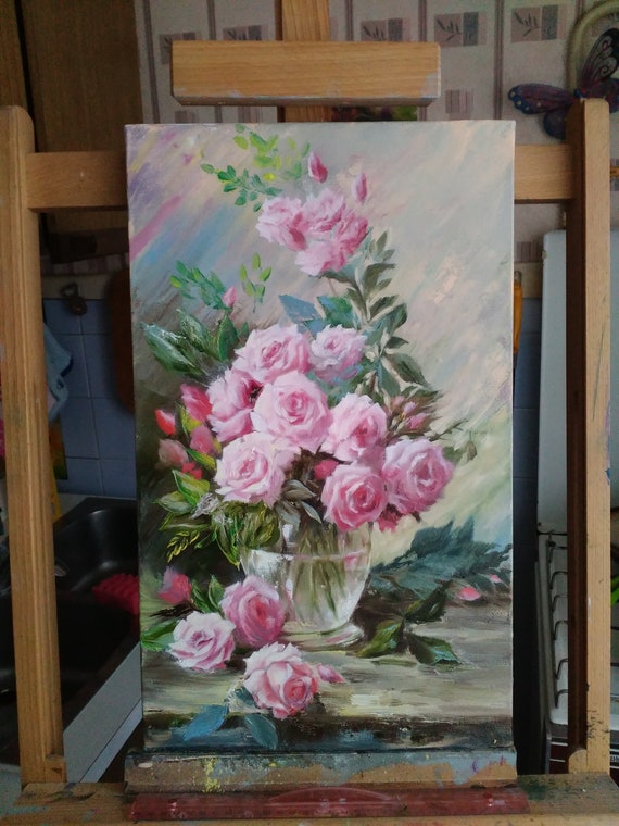 ピンクのバラの花の油絵オリジナルバラの絵静物油絵キャンバスピンクの