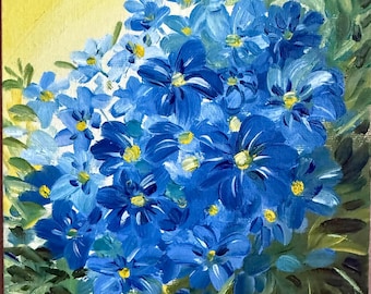花の壁アート油絵植物アート絵画オリジナルワスレナグサの花小さな絵画
