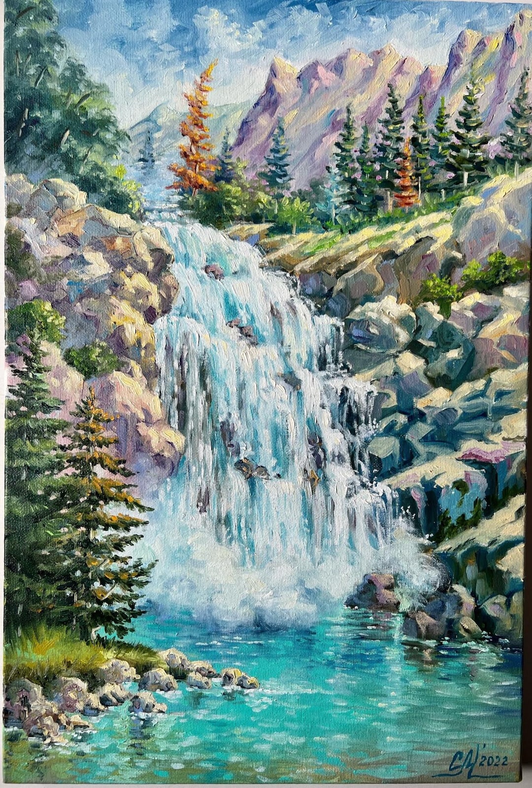 Mountains Waterfall Landscape Painting Lake Original Oil Painting On mountains-waterfall-landscape-painting-lake-original-oil-painting-on