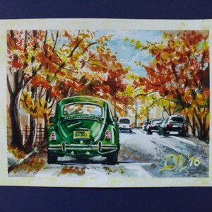 Arte del paesaggio autunnale retrò Arte dell'acquerello della pittura dell'automobile retrò Auto retrò Vecchia pittura di New York Regalo d'arte dell'auto classica di NY per gli uomini regalo del fidanzato