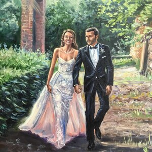 An impressionist commissioned wedding oil painting showcasing a husband and wife embracing. Vivid colors and thick, visible palette knife strokes create a textured, artistic look on the professional canvas.