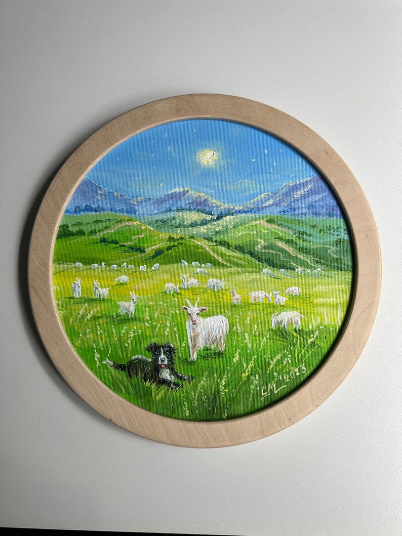 Ukrainian Landscape painting on canvas original Impressionist painting Goats Painting Speep painting Farm animal framed painting farmhouse image 2