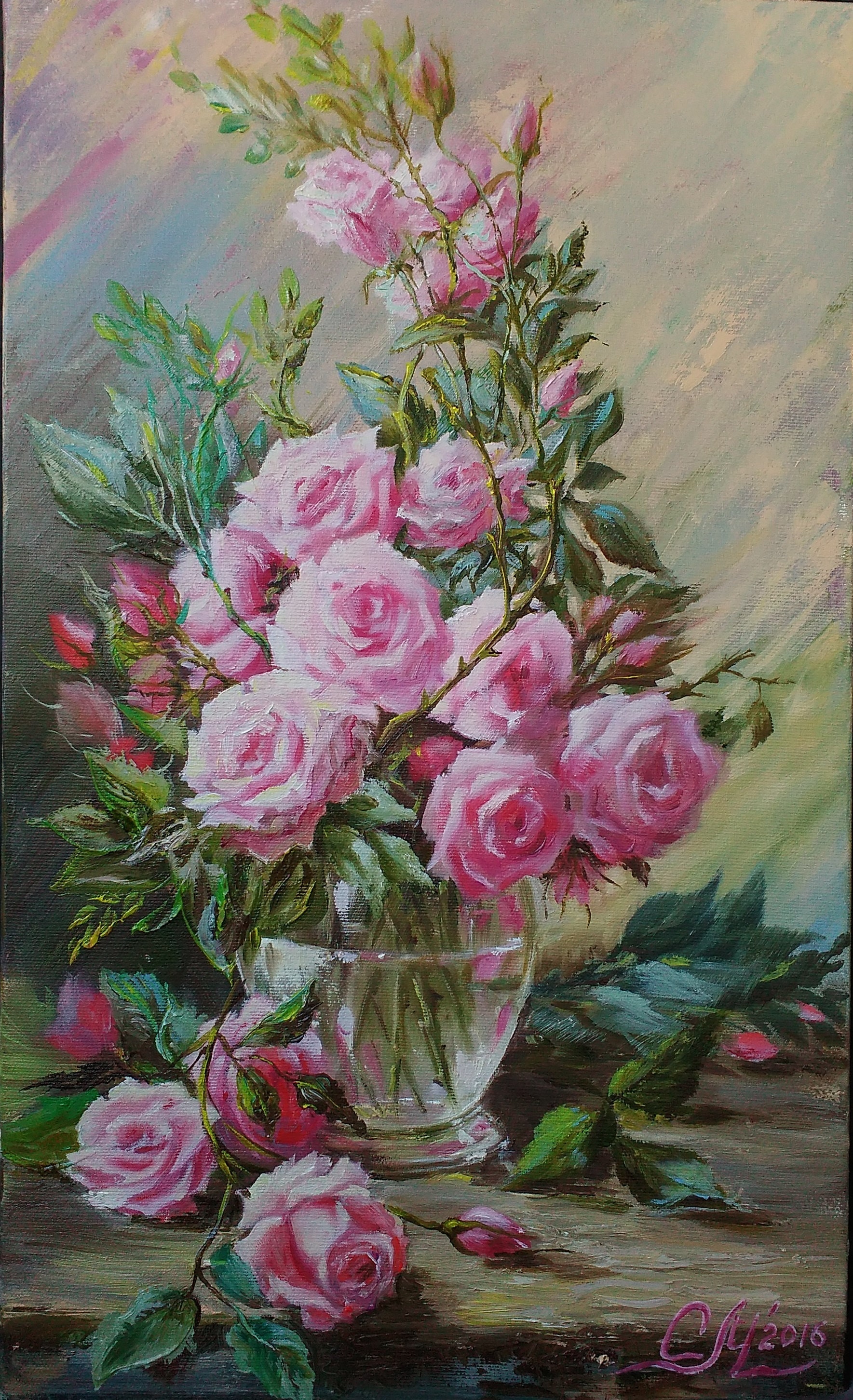 ピンクのバラの花の油絵オリジナルバラの絵静物油絵キャンバスピンクの