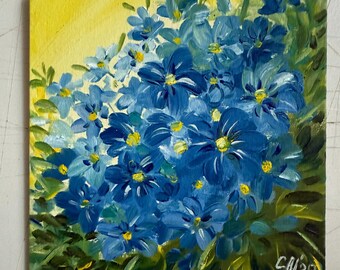 花の壁アート油絵植物アート絵画オリジナルワスレナグサの花小さな絵画