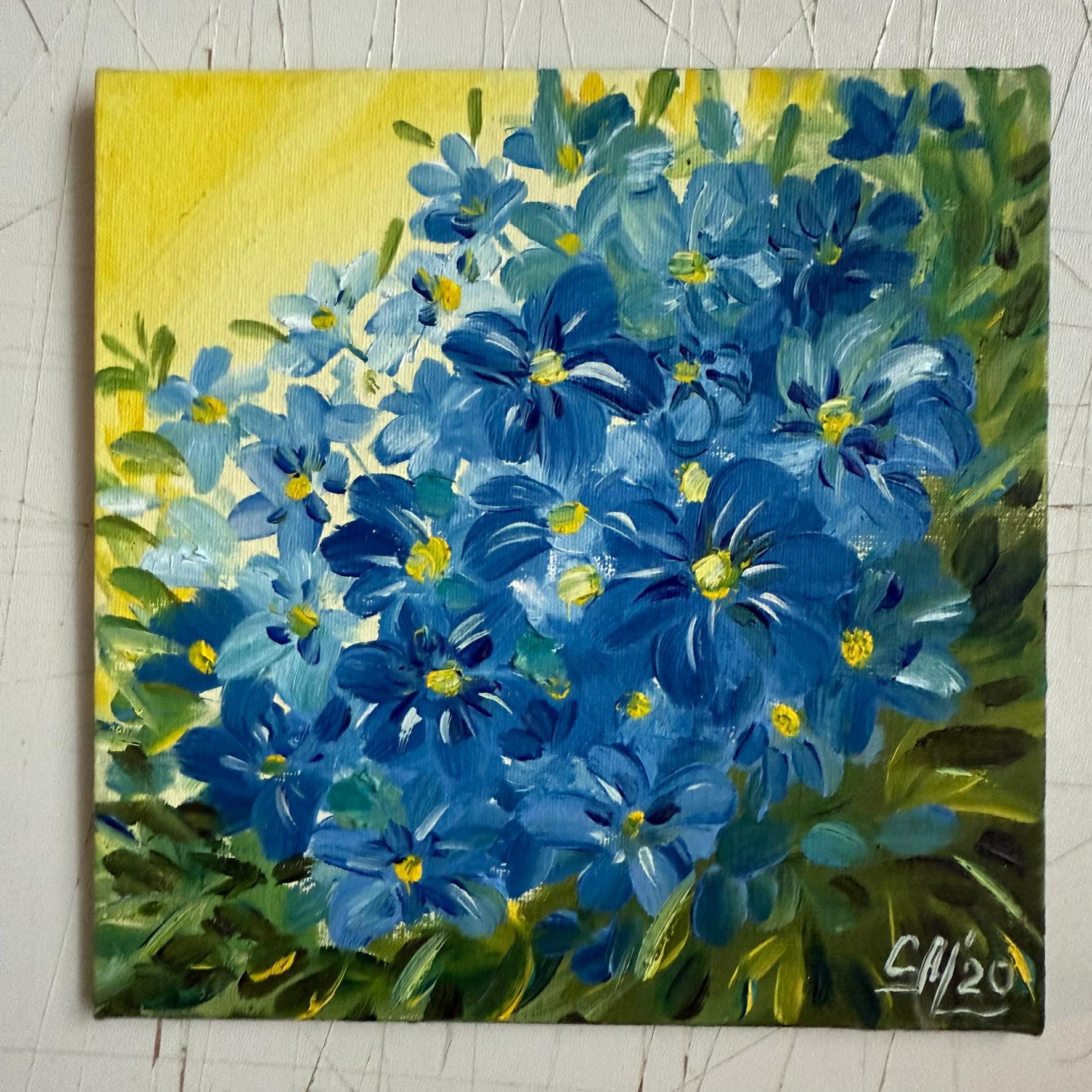 花の壁アート油絵植物アート絵画オリジナルワスレナグサの花小さな絵画