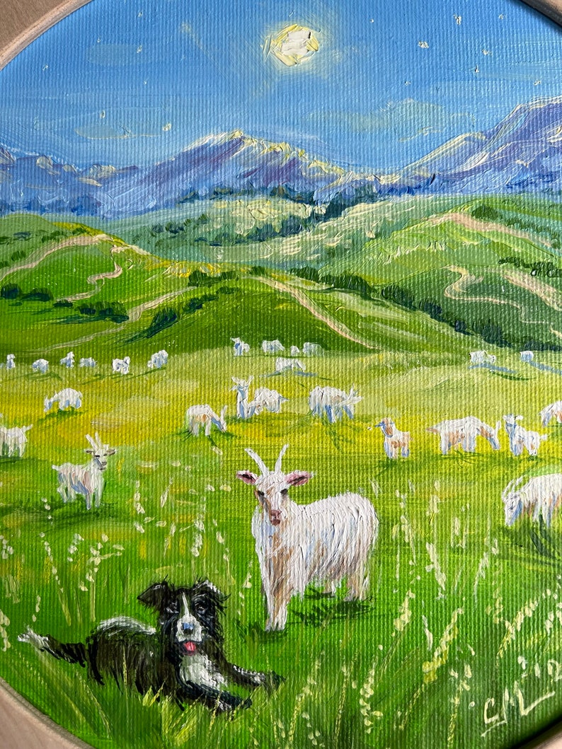 Ukrainian Landscape painting on canvas original Impressionist painting Goats Painting Speep painting Farm animal framed painting farmhouse image 5