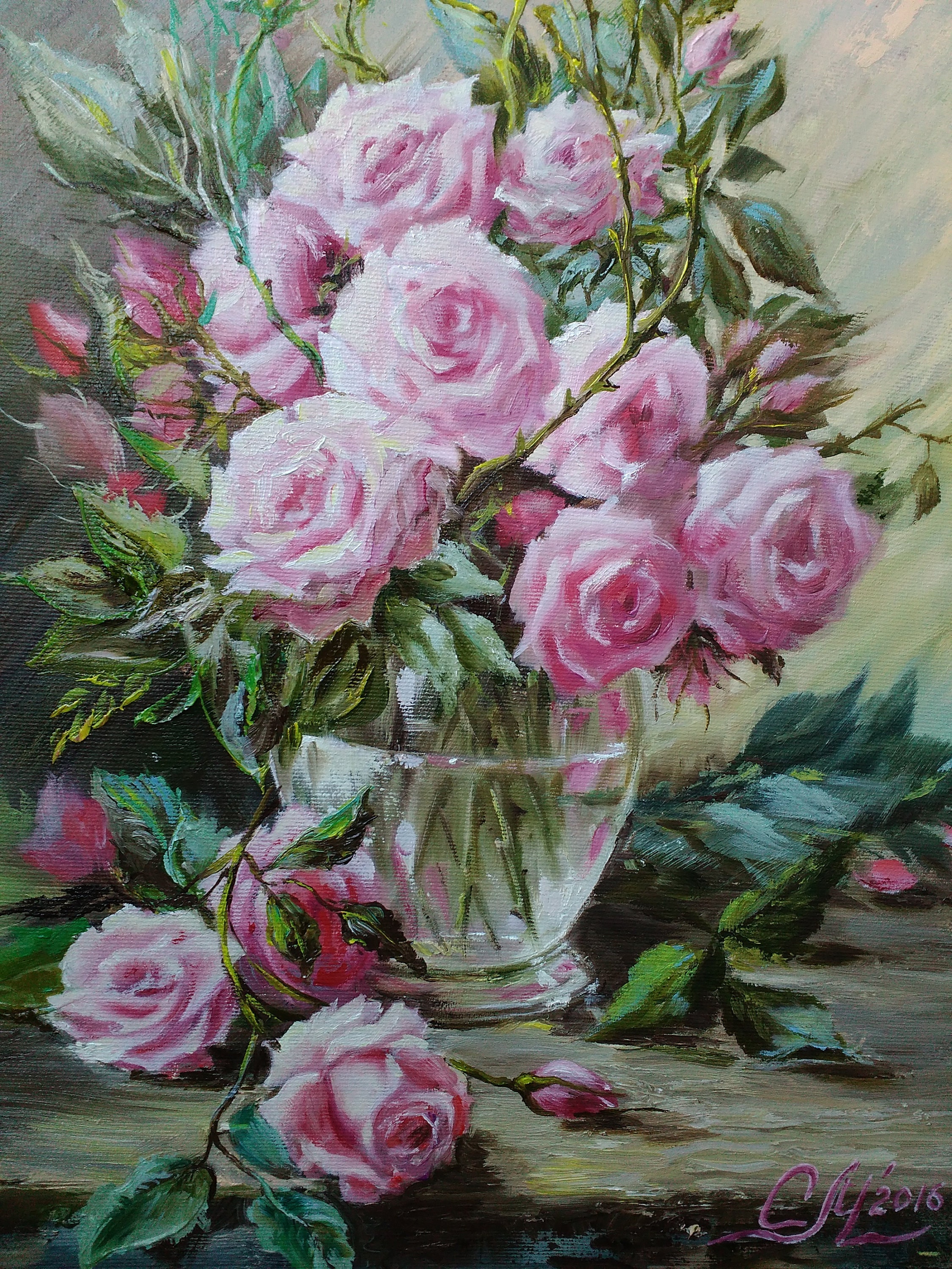 ピンクのバラの花の油絵オリジナルバラの絵静物油絵キャンバスピンクの