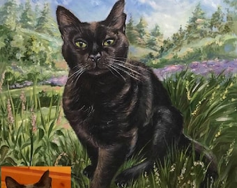 Auftragsmalerei auf Leinwand, individuelles Katzenportrait vom Foto, Tierkunst, Katzenliebhaber-Geschenk für Katzenmama, Geschenke, Katzen-Gedenkportrait, schwarze Katzenkunst