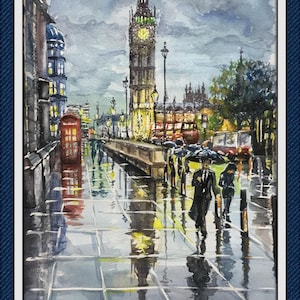 Landschaft Aquarell Malerei London Kunst Original Aquarell Wandkunst London Skyline Malerei Street Aquarell Regentag Wanddekor Big Ben