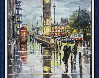 Landscape watercolor painting London art Original watercolor wall art London skyline painting street watercolor Rainy day wall decor Big Ben